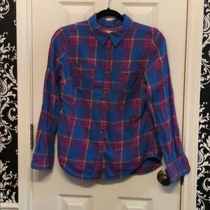 Blue and pink plaid button-down long-sleeve shirt